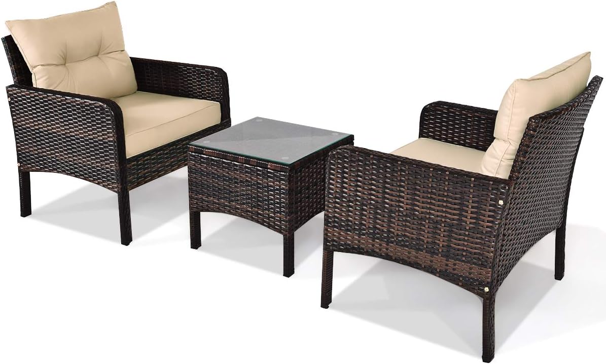 3 Piece Outdoor Patio Furniture Set for 2, Wicker Chairs with Glass Top Coffee Table