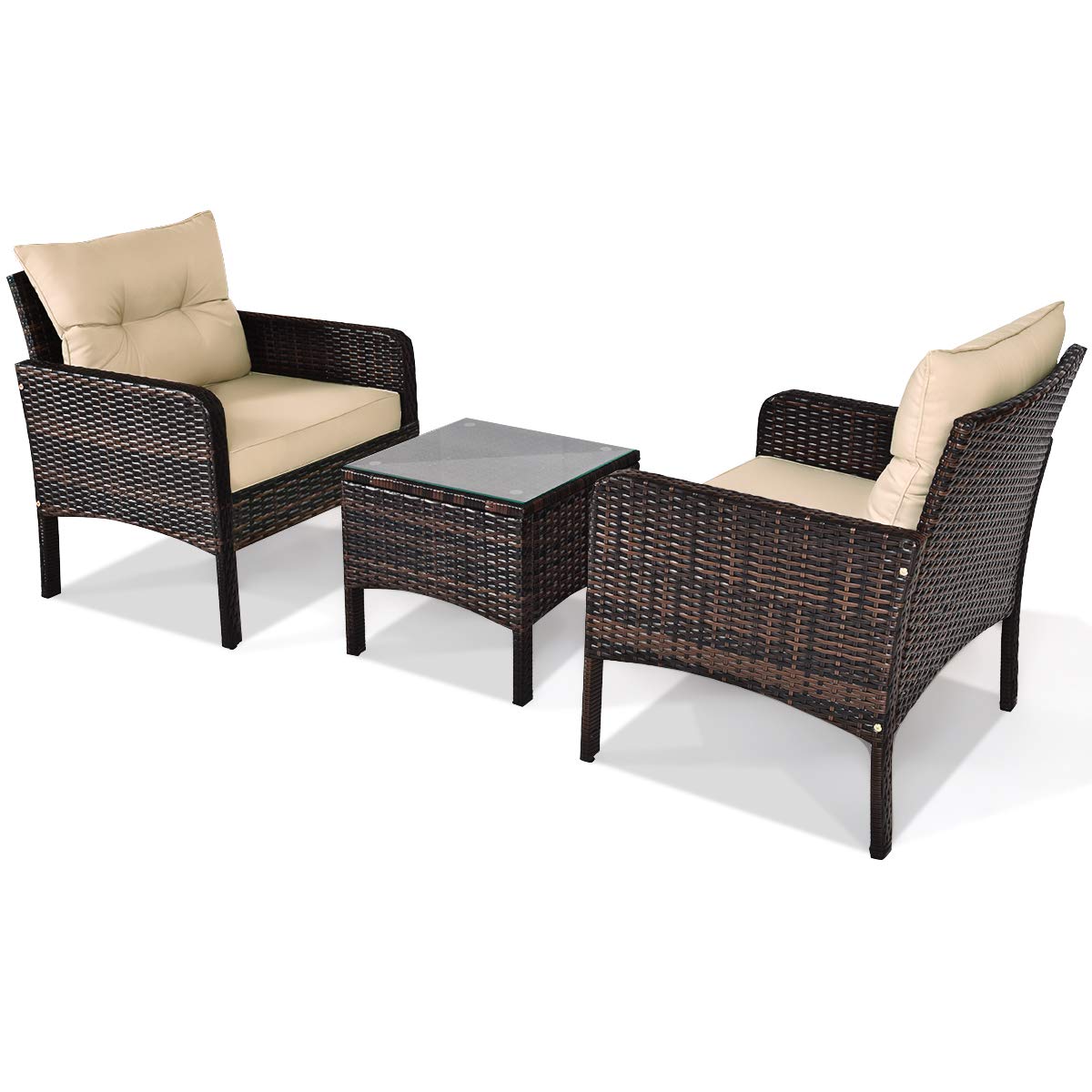 3 Piece Outdoor Patio Furniture Set for 2, Wicker Chairs with Glass Top Coffee Table