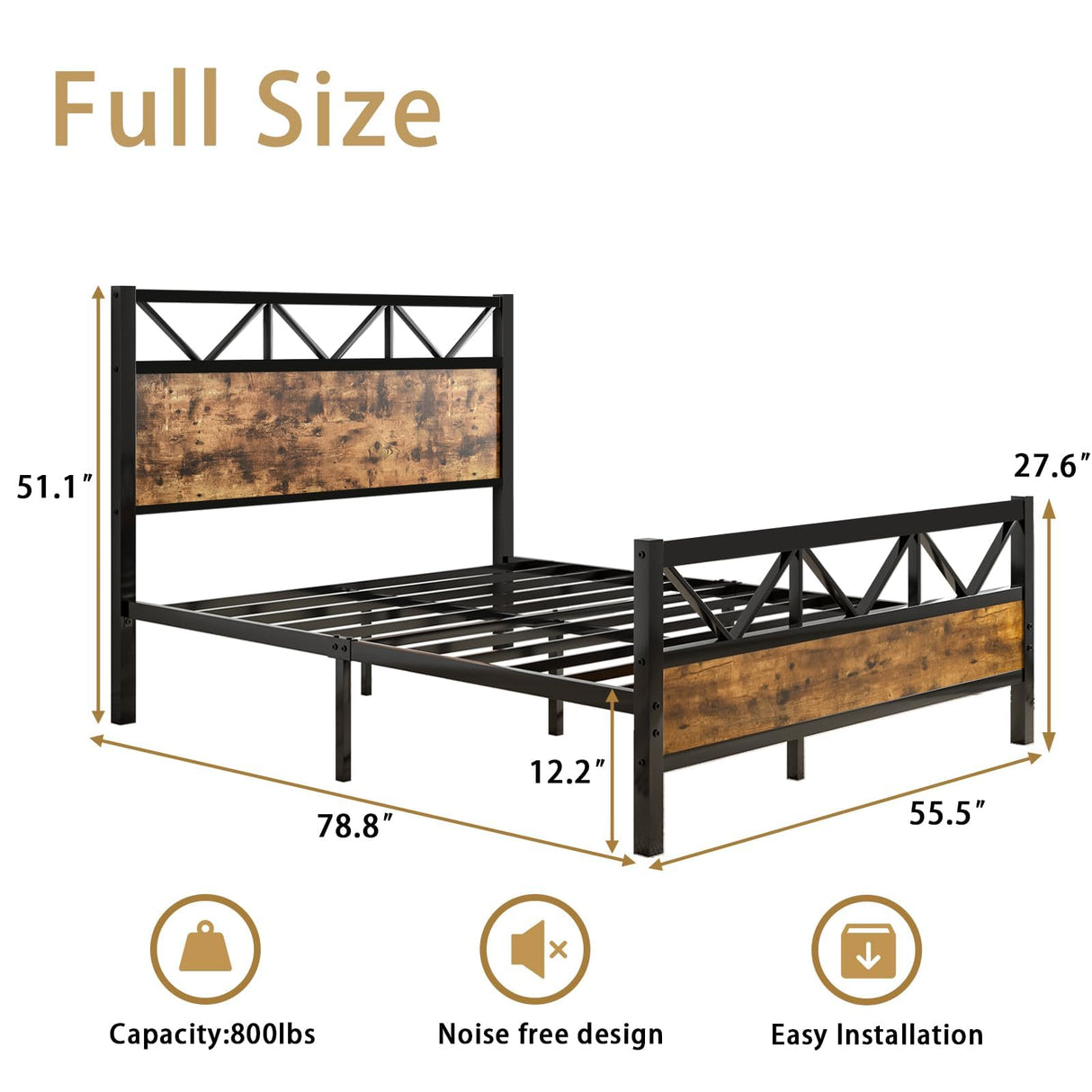 Full Size Bed Frame with 51" Tall Headboard, Industrial Platform Bed with Strong Metal