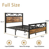 Full Size Bed Frame with 51" Tall Headboard, Industrial Platform Bed with Strong Metal