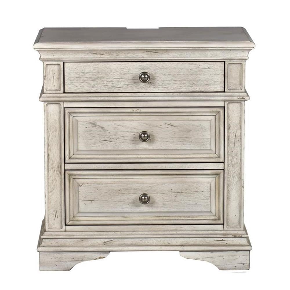 Highland Park Nightstand, Driftwood Finish, Nickle Hardware, 2 USB Charging Ports, 2 Full Size Drawers & 1 Half Size Drawer, Bedroom, 28" L x 17" D x 29.5" H, White