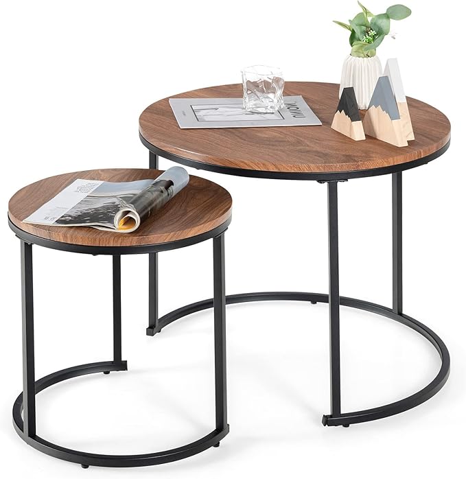Nesting Coffee Table Set of 2, Round Stacking Side Tables w/Wooden Tabletop