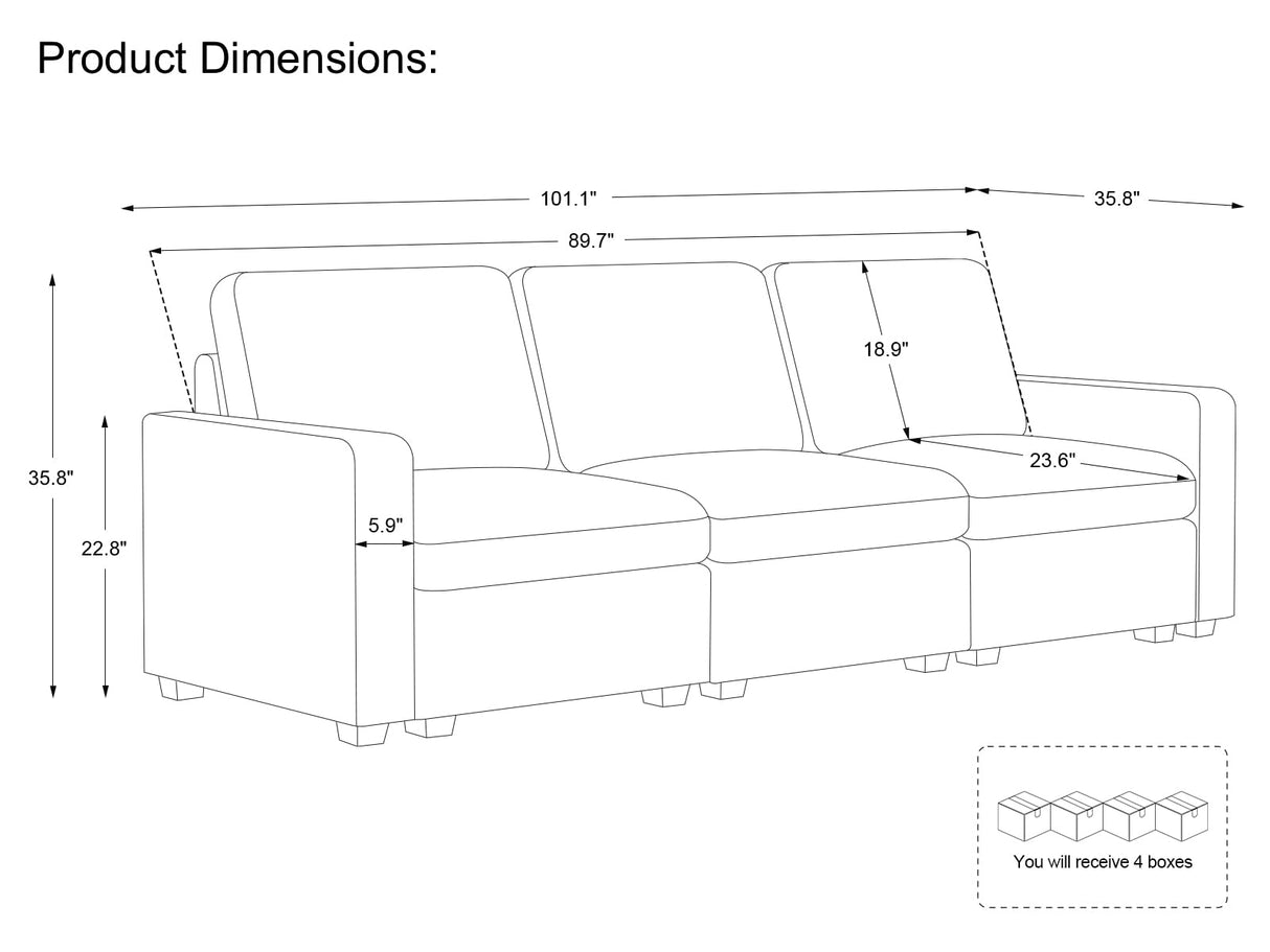 Modular Sectional Sofa with Storage Seats 3 Seat Corduroy Couch Oversized