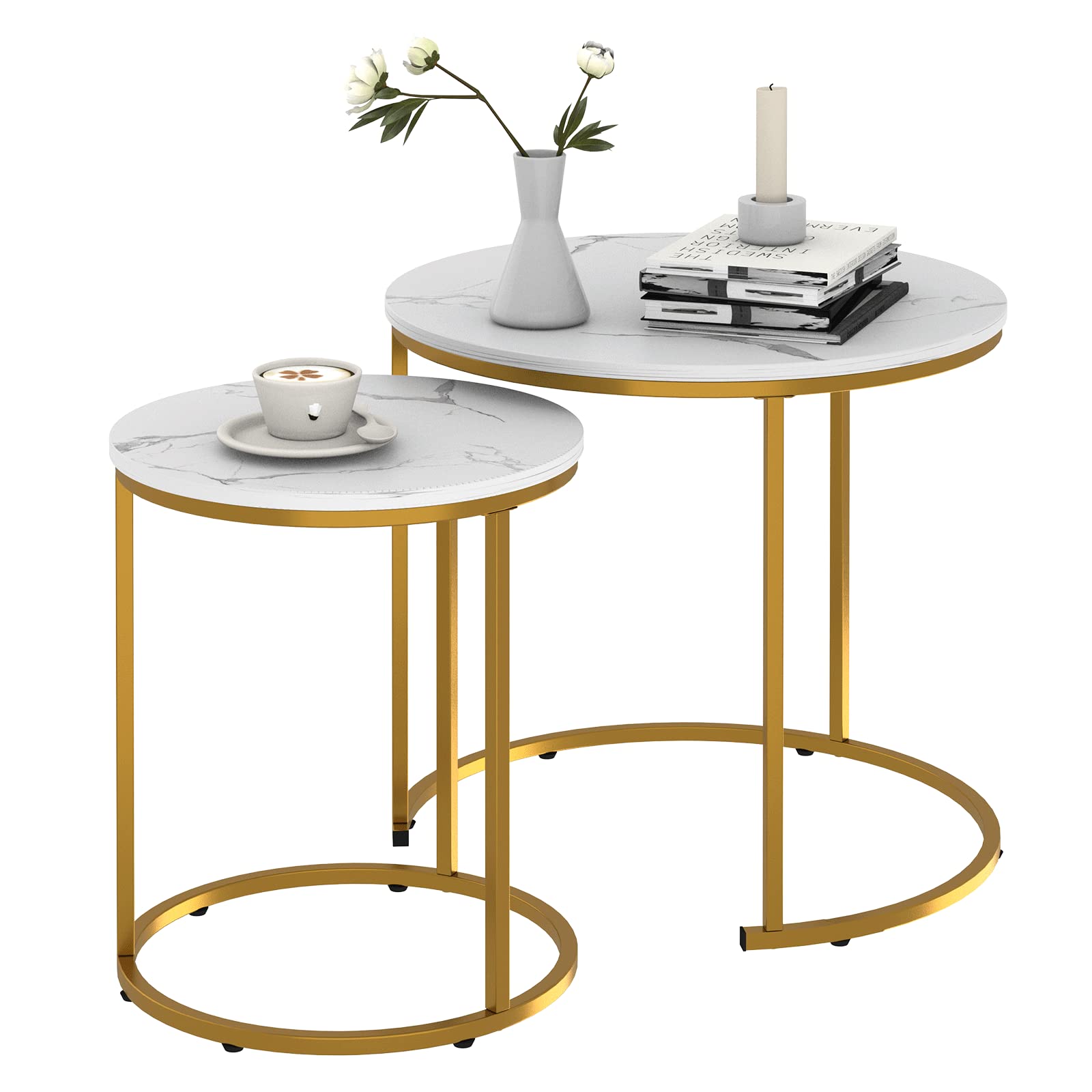 Nesting Coffee Table Faux White Marble for Small Place 24 in 2 Sets High Side End Sofa Table