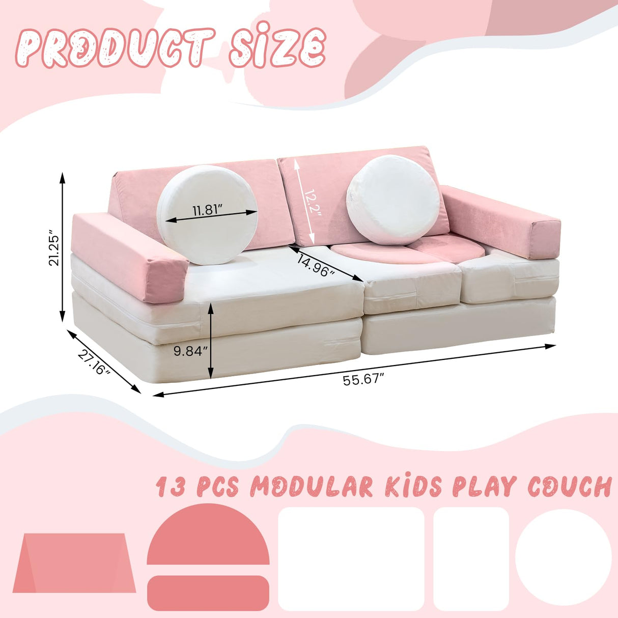 Modular Kids Play Couch, Kids Couch with Washable Velvet Cover, Modular Couch for Boys and Girls, Convertible Foam and Floor Cushion for Nursery Playroom, Pink & Beige