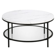 36" Wide Round Round Coffee Table with Faux Marble Top in Blackened Bronze