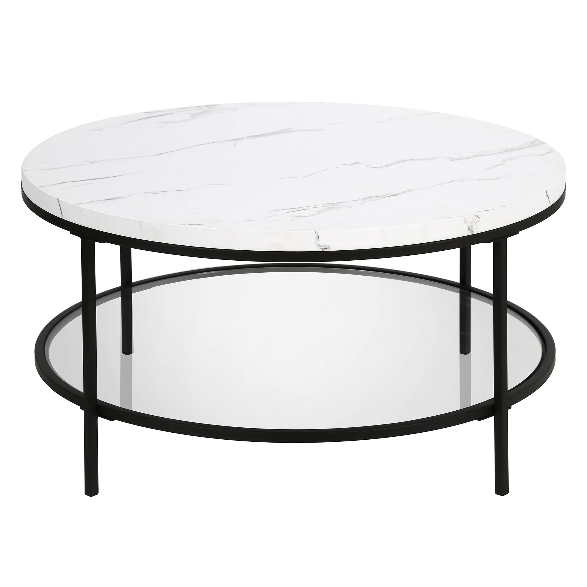 36" Wide Round Round Coffee Table with Faux Marble Top in Blackened Bronze