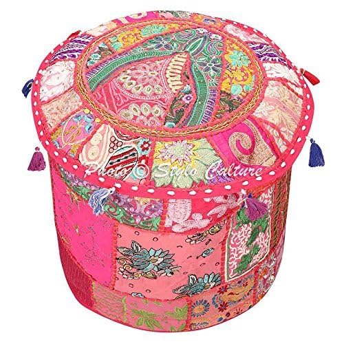 Pouffe Ottoman Cover Round Patchwork Embroidered Pouf Pink Cotton Floral Traditional