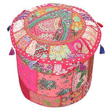 Pouffe Ottoman Cover Round Patchwork Embroidered Pouf Pink Cotton Floral Traditional