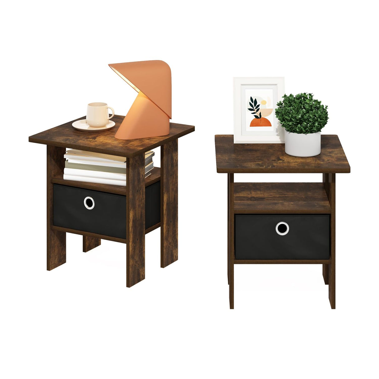 Andrey End Table Nightstand with Bin Drawer, Amber Pine/Black, Set of 2