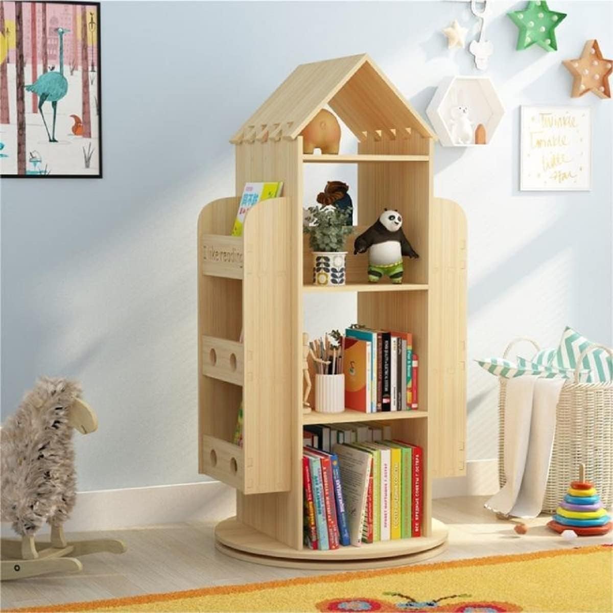 Large Rotating Bookshelf 360 Degree, Wood Castle Bookshelf Bookcase Floor Standing