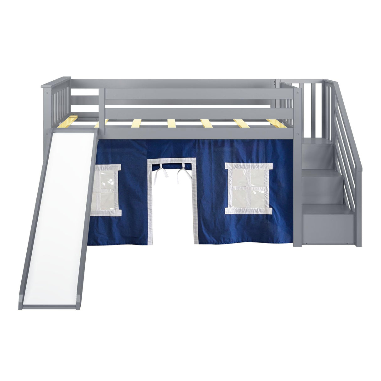 Loft Bed, Twin Bed Frame For Kids With Stairs, Slide, and Curtains for bottom, Grey/Blue