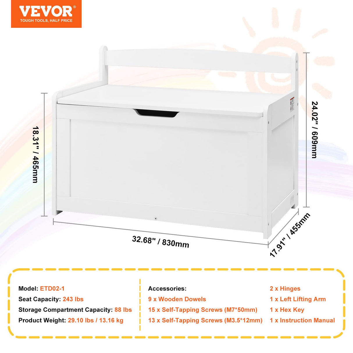 Wooden Toy Chest for Kids, Toddler Toy Storage Box with Flip-Top Lid and Safety Hinge,