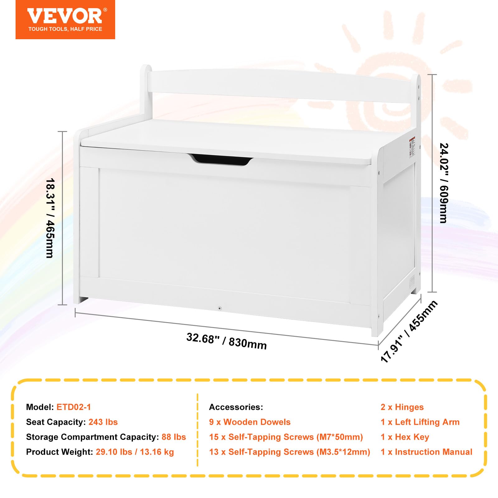 Wooden Toy Chest for Kids, Toddler Toy Storage Box with Flip-Top Lid and Safety Hinge,