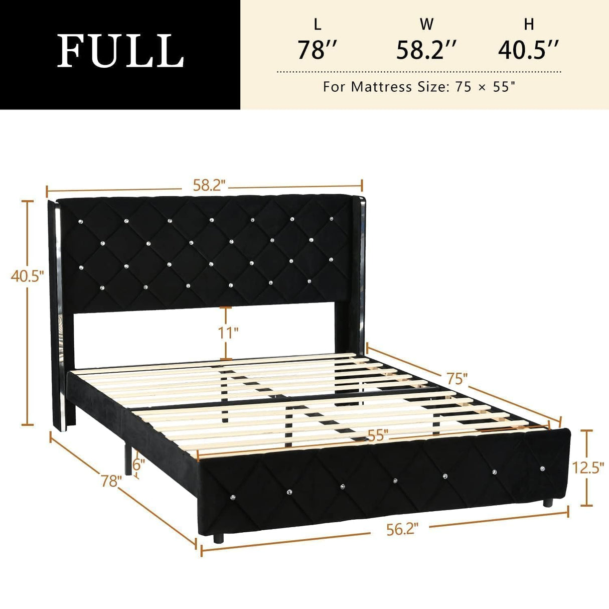 Full Size Bed Frame, Upholstered Bed Frame with Diamond Headboard,