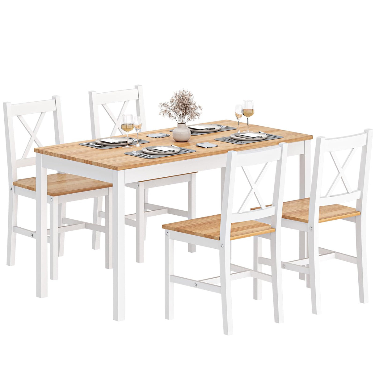 SogesPower 4-Person Dining Table Set 5 Pieces, Wood Kitchen Table Set with 4 Chairs for Kitchen Dining Room Restaurant, White&Oak