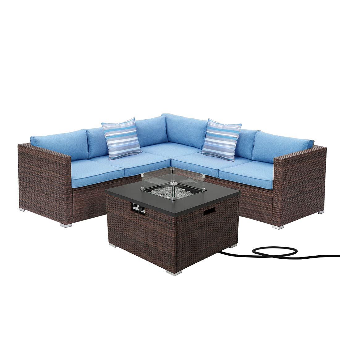 Patio Furniture Sectional Sofa w Fire Pit Table,6 Pieces Outdoor Furniture Set w 32-inch 40