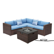 Patio Furniture Sectional Sofa w Fire Pit Table,6 Pieces Outdoor Furniture Set w 32-inch 40