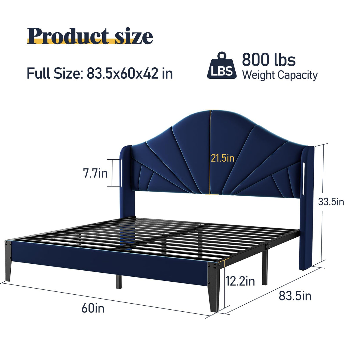 Full Bed Frame with LED Lights - Velvet Blue Upholstered Platform Bed