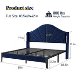 Full Bed Frame with LED Lights - Velvet Blue Upholstered Platform Bed