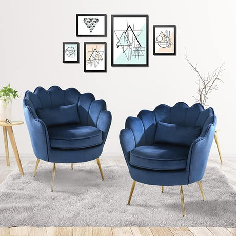 Azure Blue Velvet Chair with Lumbar Pillow for Bedroom, Accent Chair Mid Century Modern Vanity Chair for Living Room, Fabric Upholstered Arm Chair Guest Chair with Golden Metal Legs