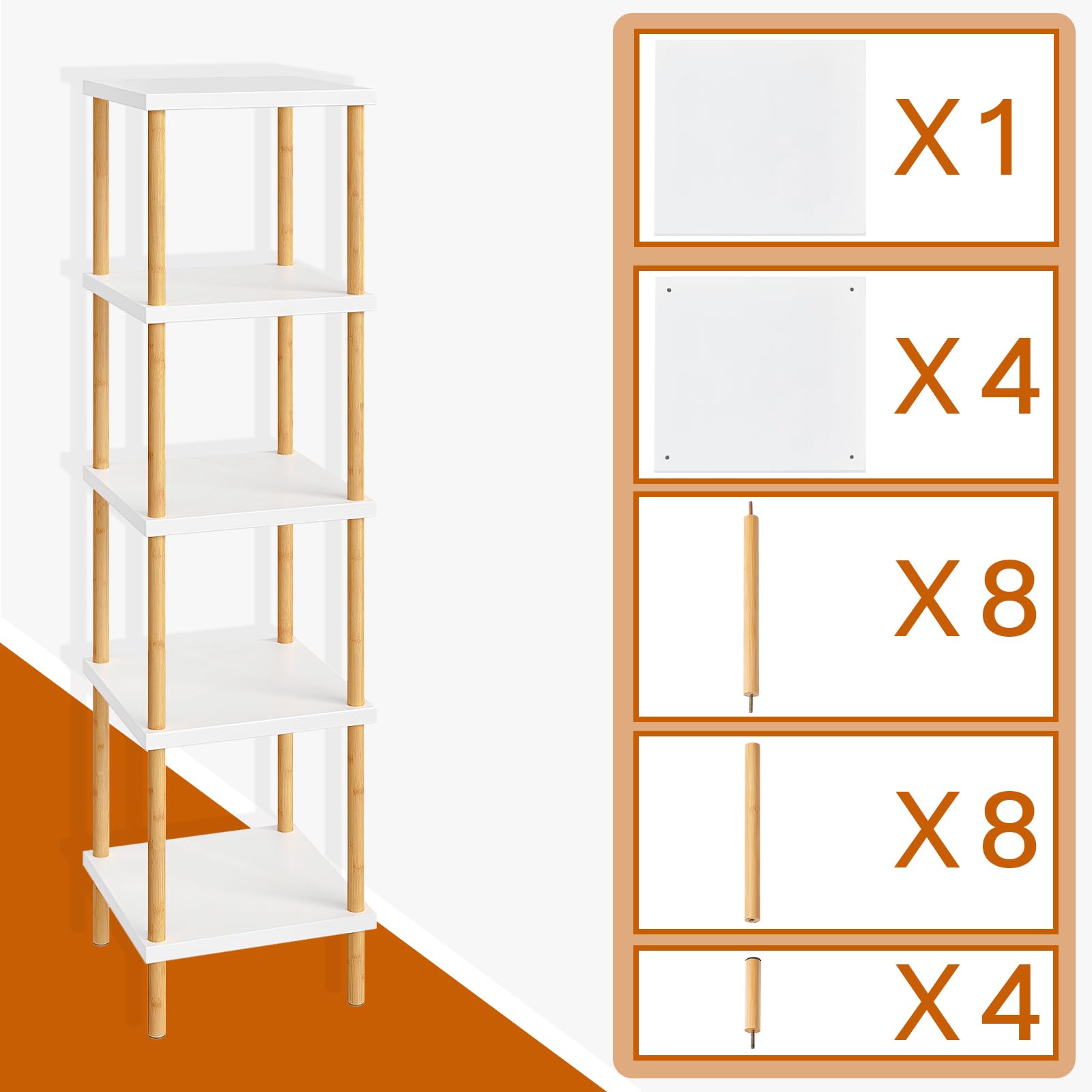 HOOBRO 5-Tier Corner Shelf, Bamboo Corner Square Rack Display Shelf, Tall Storage Rack Plant Stand, Corner Bookcase for Small Spaces, Living Room, Home Office, Kitchen, White and Natural WT21CJ01