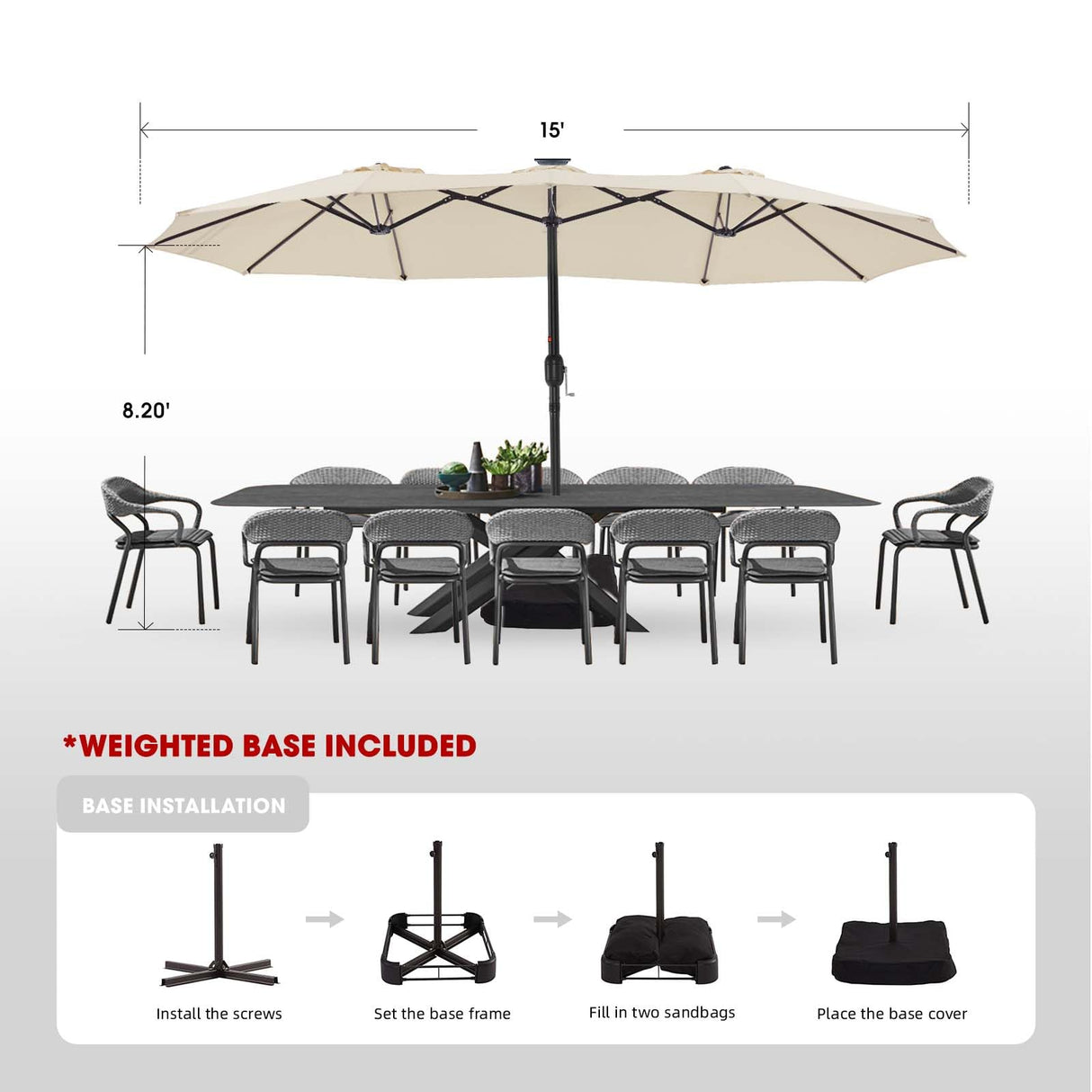 15ft Large Patio Umbrellas with Base Included, Outdoor Double-Sided Umbrella with Crank Handle,