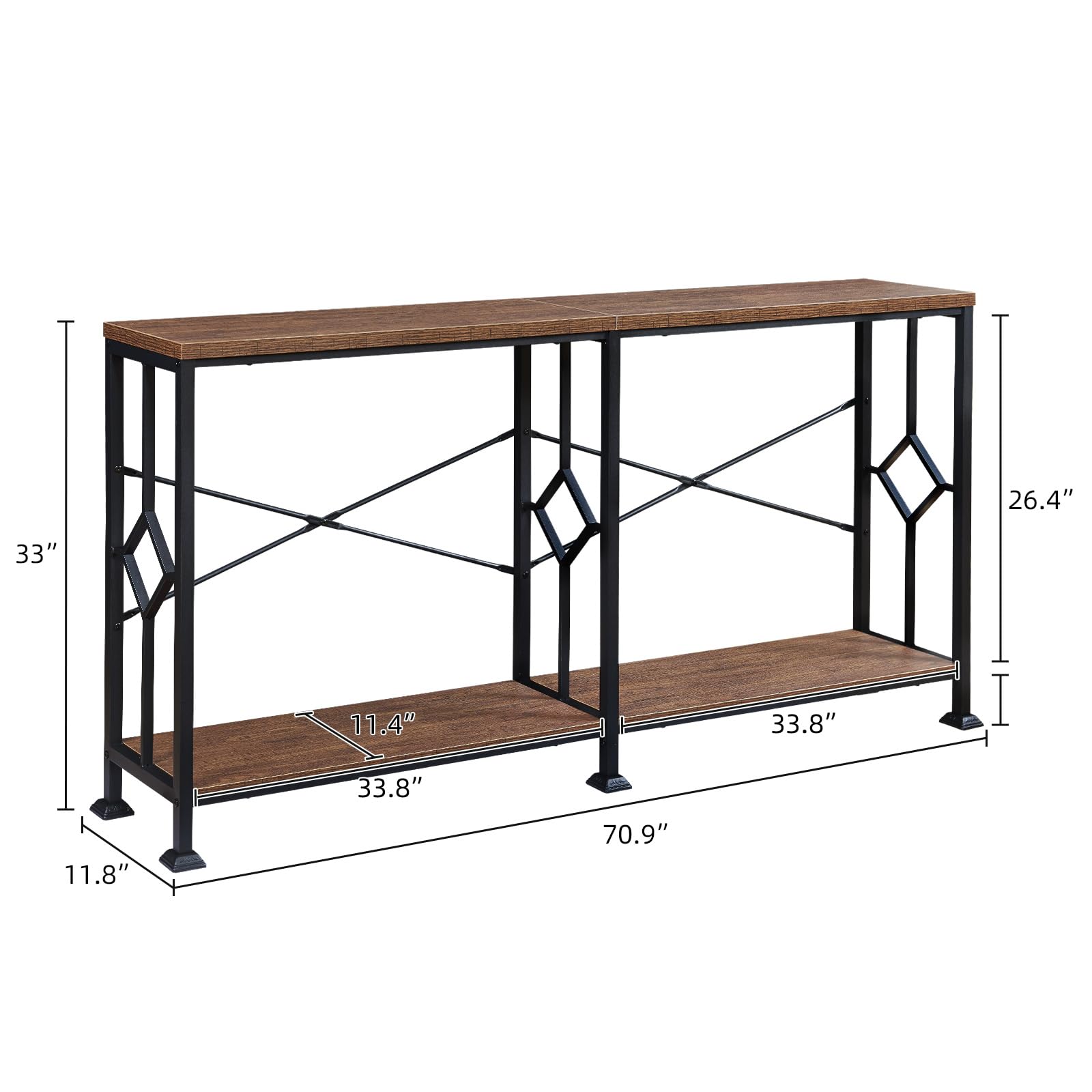 70.9" Industrial Console Table with 2-Tier Storage Shelf