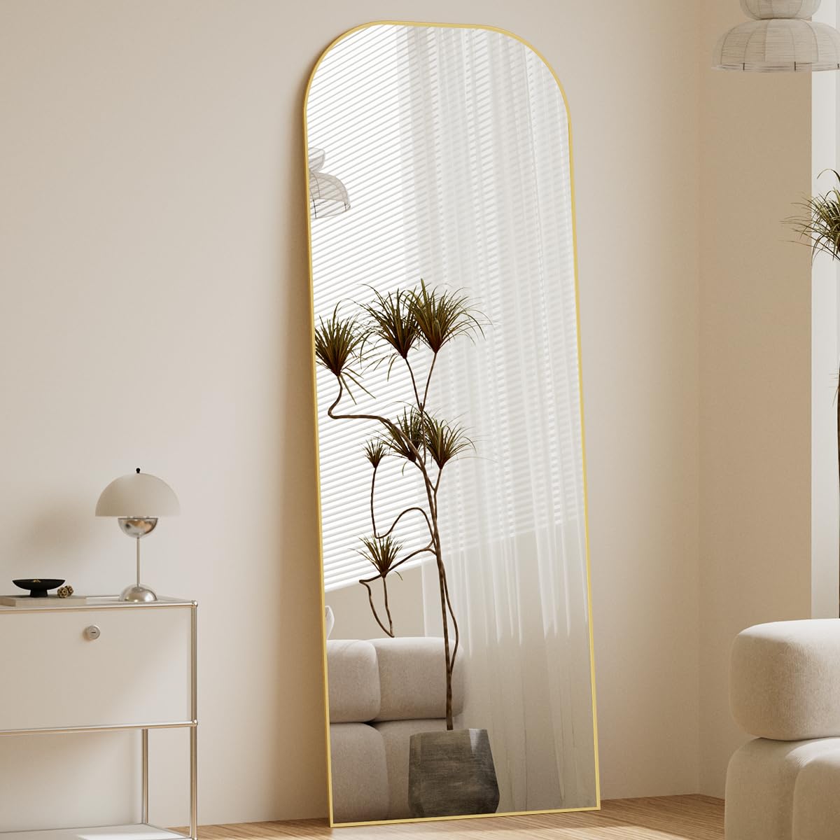 Full Length Mirror, 56"x21" Mirror Full Length with Stand, Gold Wall Full Body Mirror, Rounded Top Floor Mirror with Aluminum Alloy Frame for Bedroom Living Room