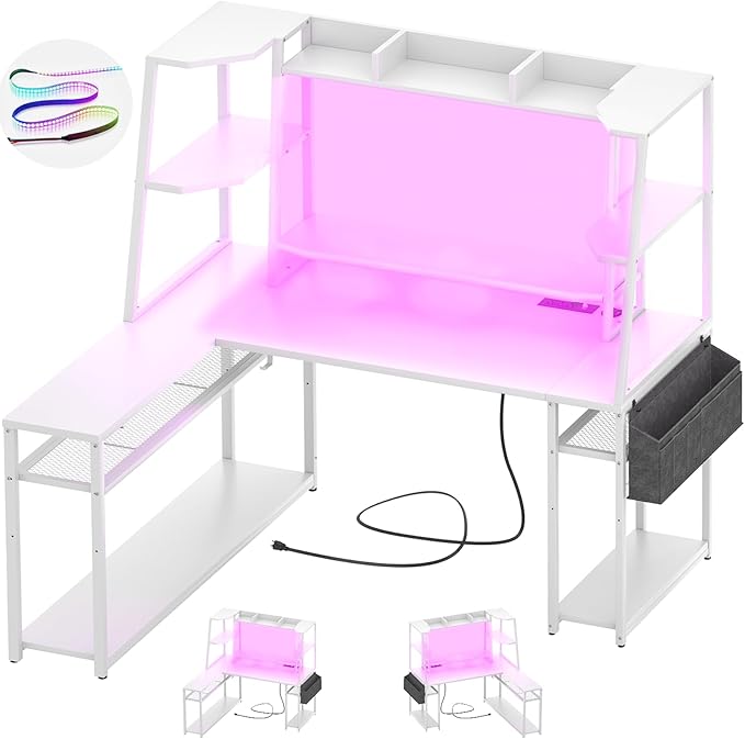L Shaped Gaming Desk with Hutch - 47" Reversible Computer Desk