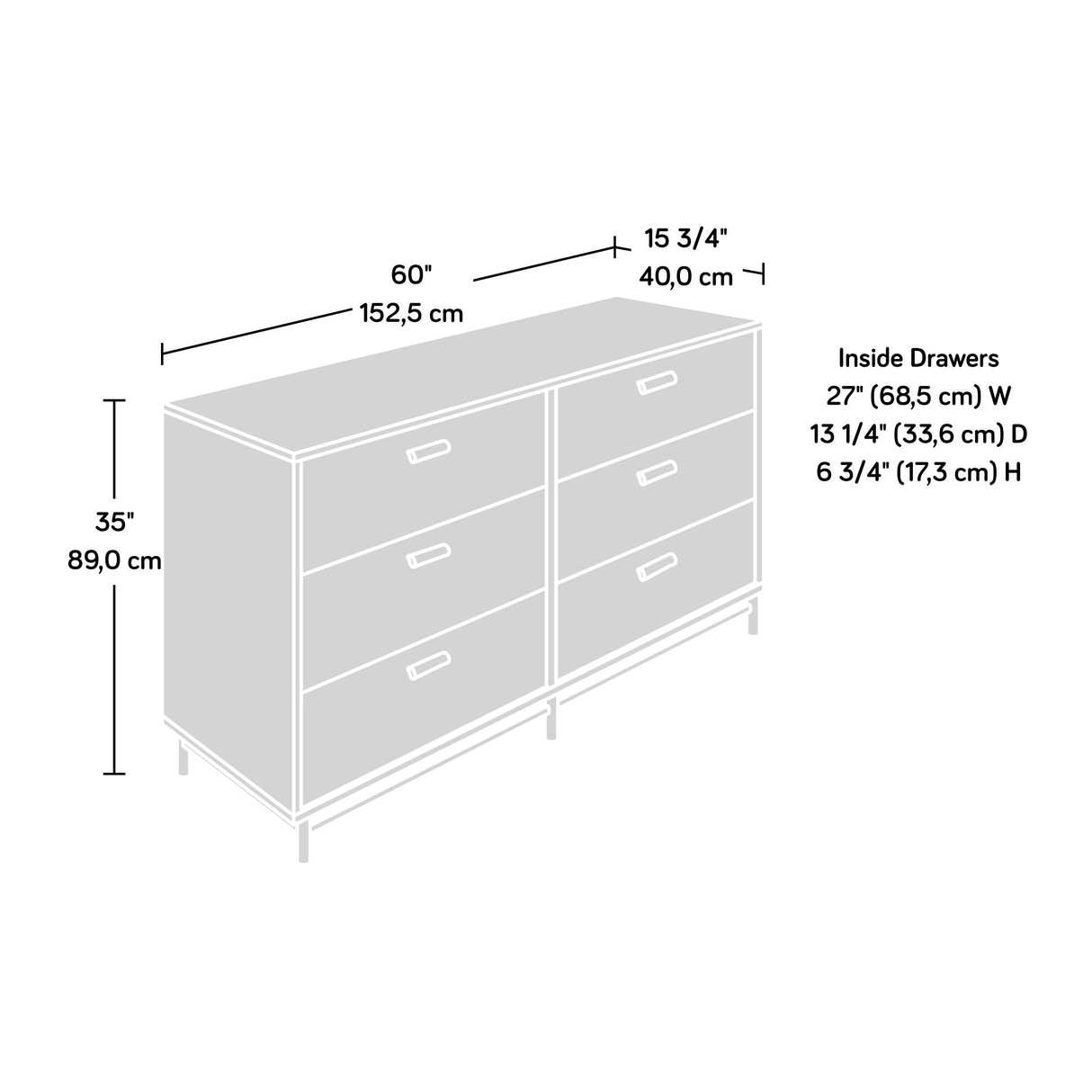 Anda Norr 6 Drawer Dresser, L: 60.04" x W: 15.75" x H: 35.04", Sky Oak Finish