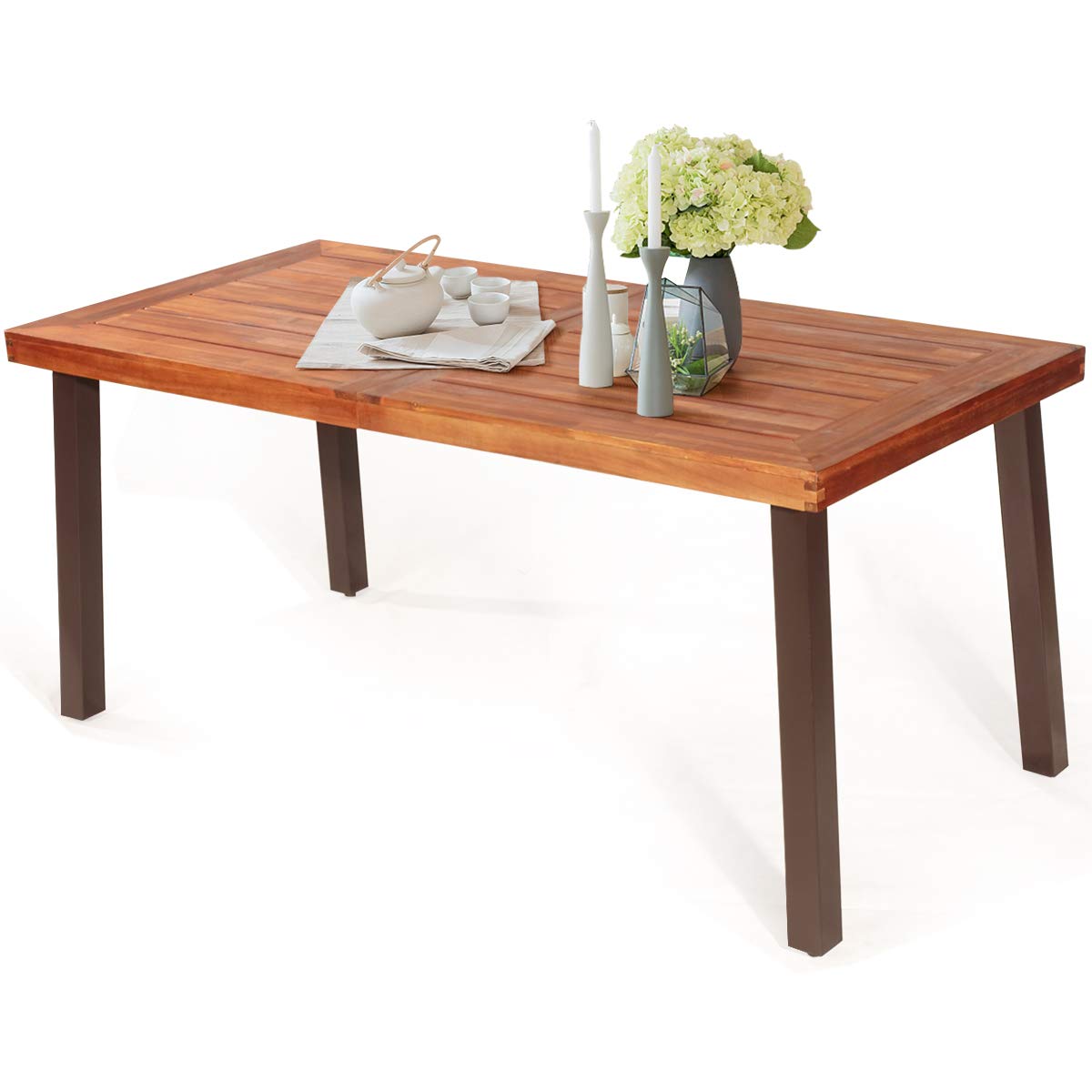 Patio Dining Table with Umbrella Hole, Outdoor Picnic Table for Backyard, Garden
