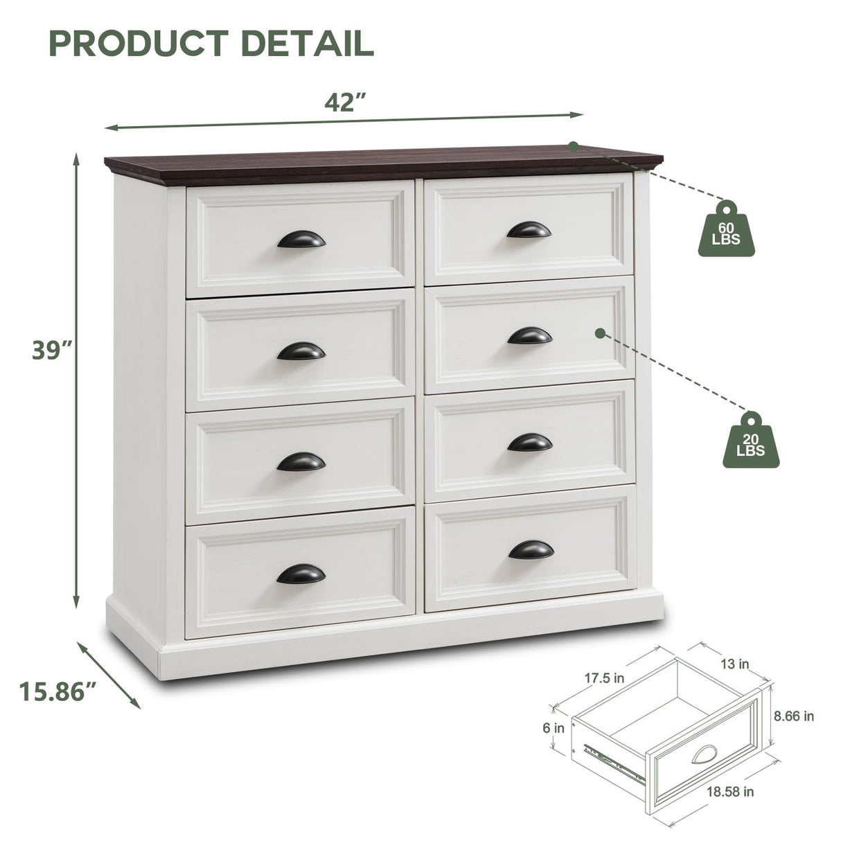 Farmhouse 8 Drawer Dresser for Bedroom, Tall Chest of Drawers