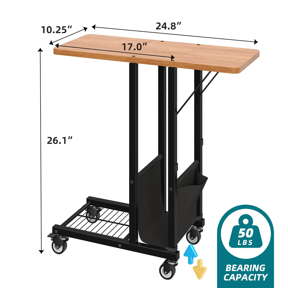 Side Table, C-Shape Folding Table with Wheels, Laptop Tray Table