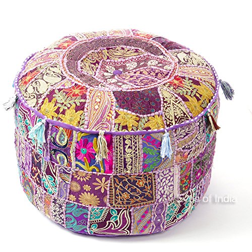 22 X 12 Purple Patchwork Round Ottoman Pouf Pouffe Cover Floor