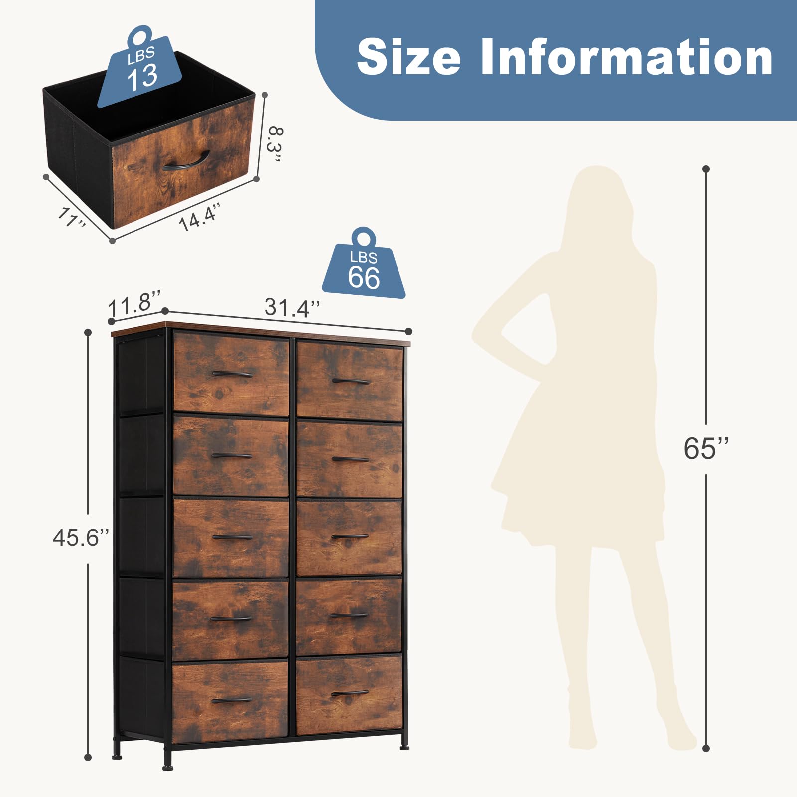 Dresser for Bedroom Storage Tower, Chest Fabric Bins Sturdy Metal Frame Wood Tabletop