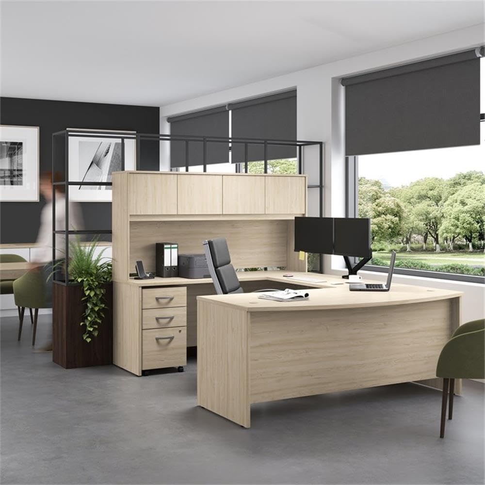 Furniture Studio C 72W x 36D U Shaped Desk with Hutch and Mobile File Cabinet in Natural Elm, U Workstation Set for Home or Professional Office