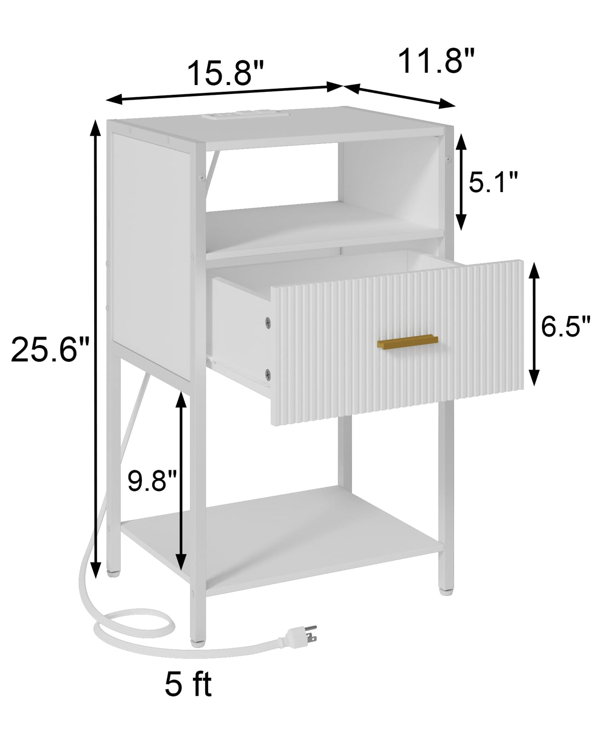 Veegle Modern Nightstand with Charging Station, White Side Table with Drawer, Wood Bedside Table for Living Room, Bedroom