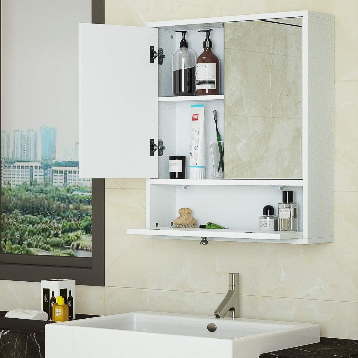 Bathroom Medicine Cabinet, Wall Mounted Cabinet with Double Mirror Door
