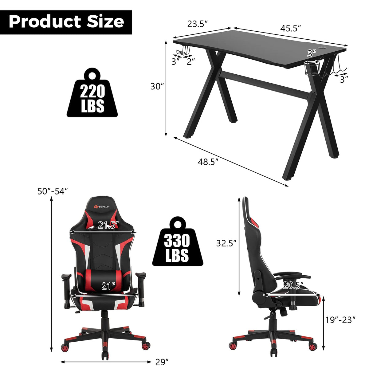 Gaming Desk & Chair Combo Set - Ergonomic Racing Style with Lumbar Support