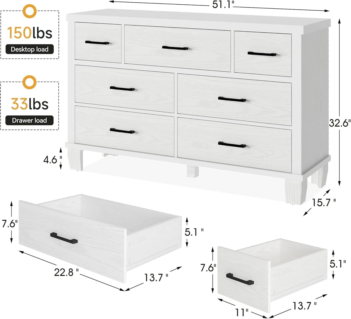 Dresser White with 7 Drawer Modern Wooden Dresser - 3-Tier Drawer Chest