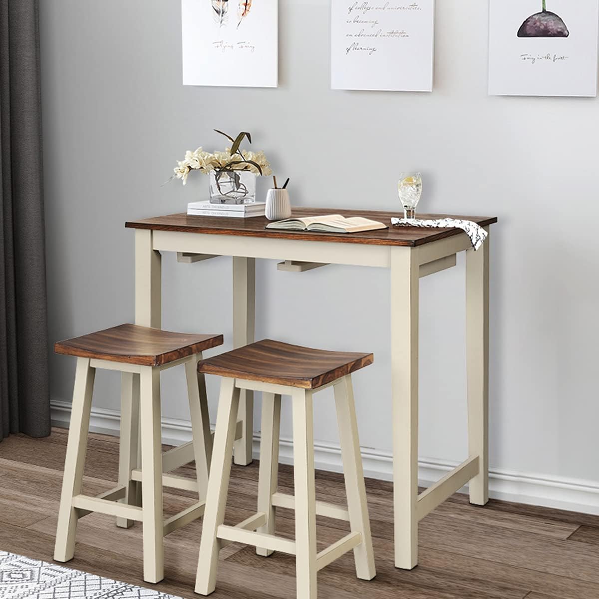 FFlyer Bar Table Set, 3 Piece Counter Height Breakfast Table with 2 Saddle Bar Stools