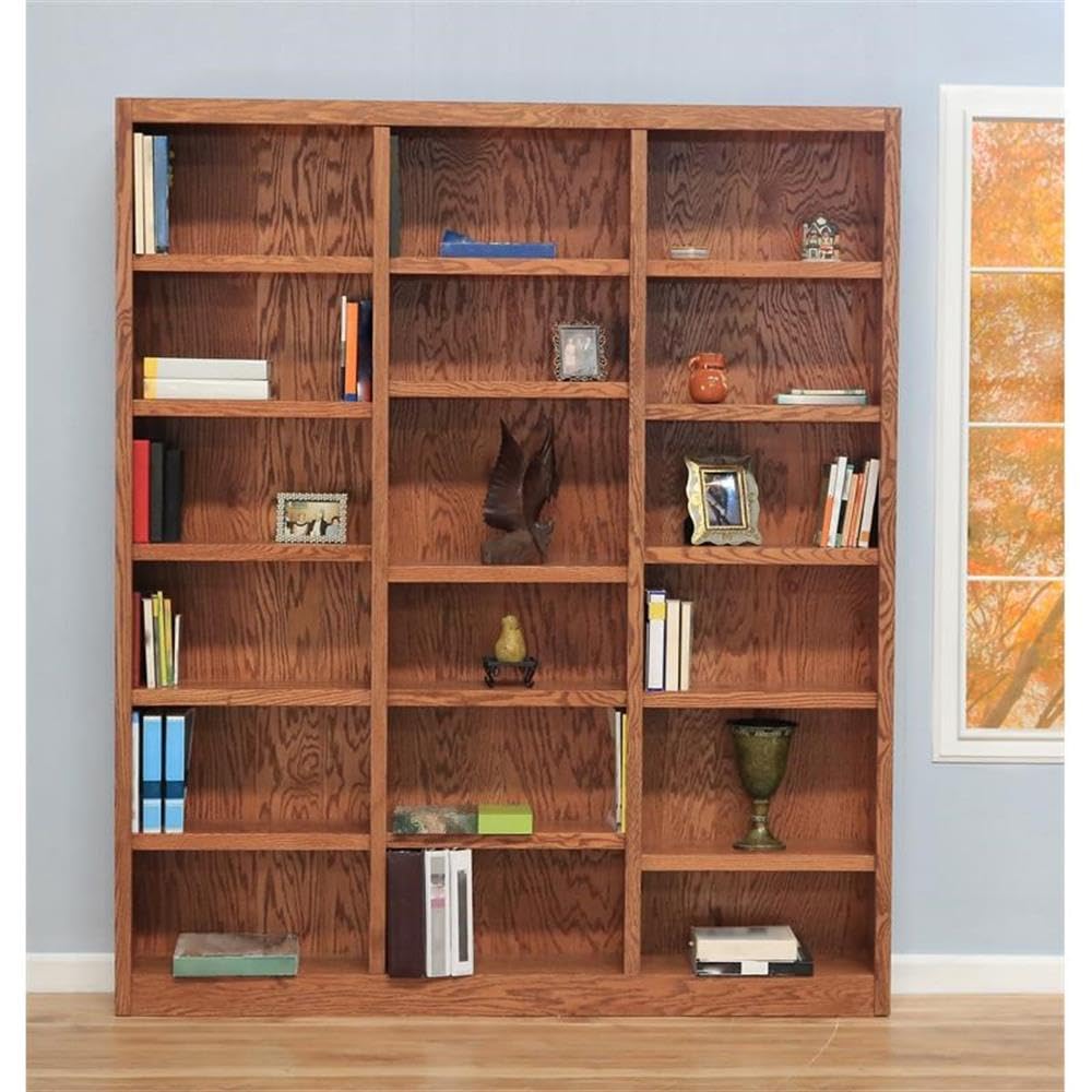 " Tall 18-Shelf Triple Wide Wood Bookcase in Dry Oak