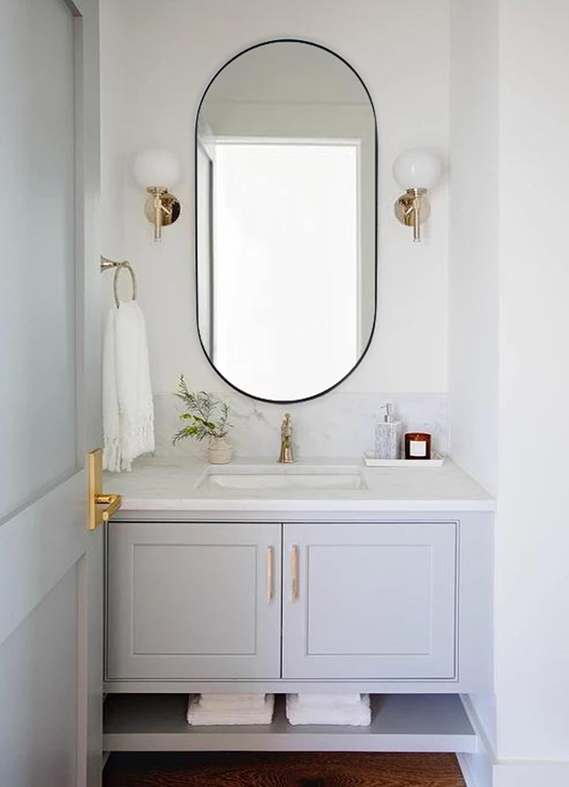 Black Oval Bathroom Mirror  Pill Shaped Oblong Vanity Mirror Metal Framed
