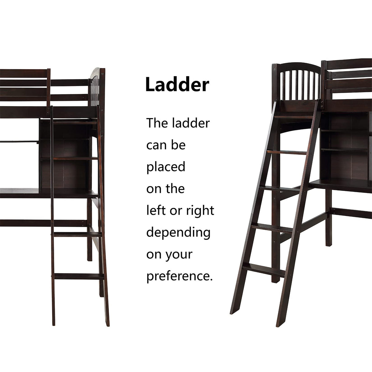 Kids Loft Beds, Twin Loft Bed with Desk, Wood High Loft Bed with Bookcase Shelves for Dorm, Boys & Girls Teens Adults, Espresso