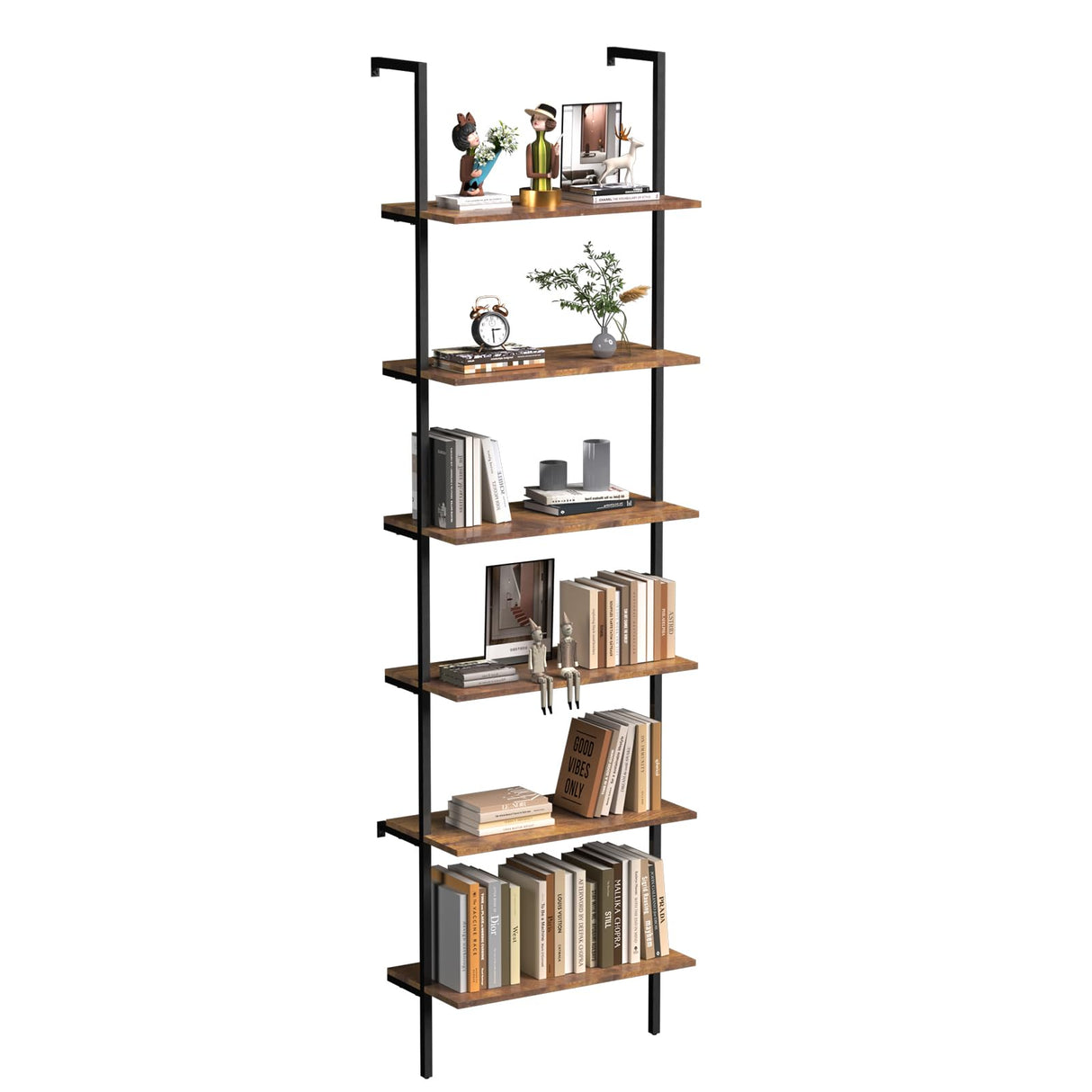 Bookshelf 6-Tier Industrial Ladder Shelf,Brown Shelves Wall Mounted Bookshelf Open Storage Rack Display Shelf Plant Stand for Living Room Kitchen Home Office Bedroom