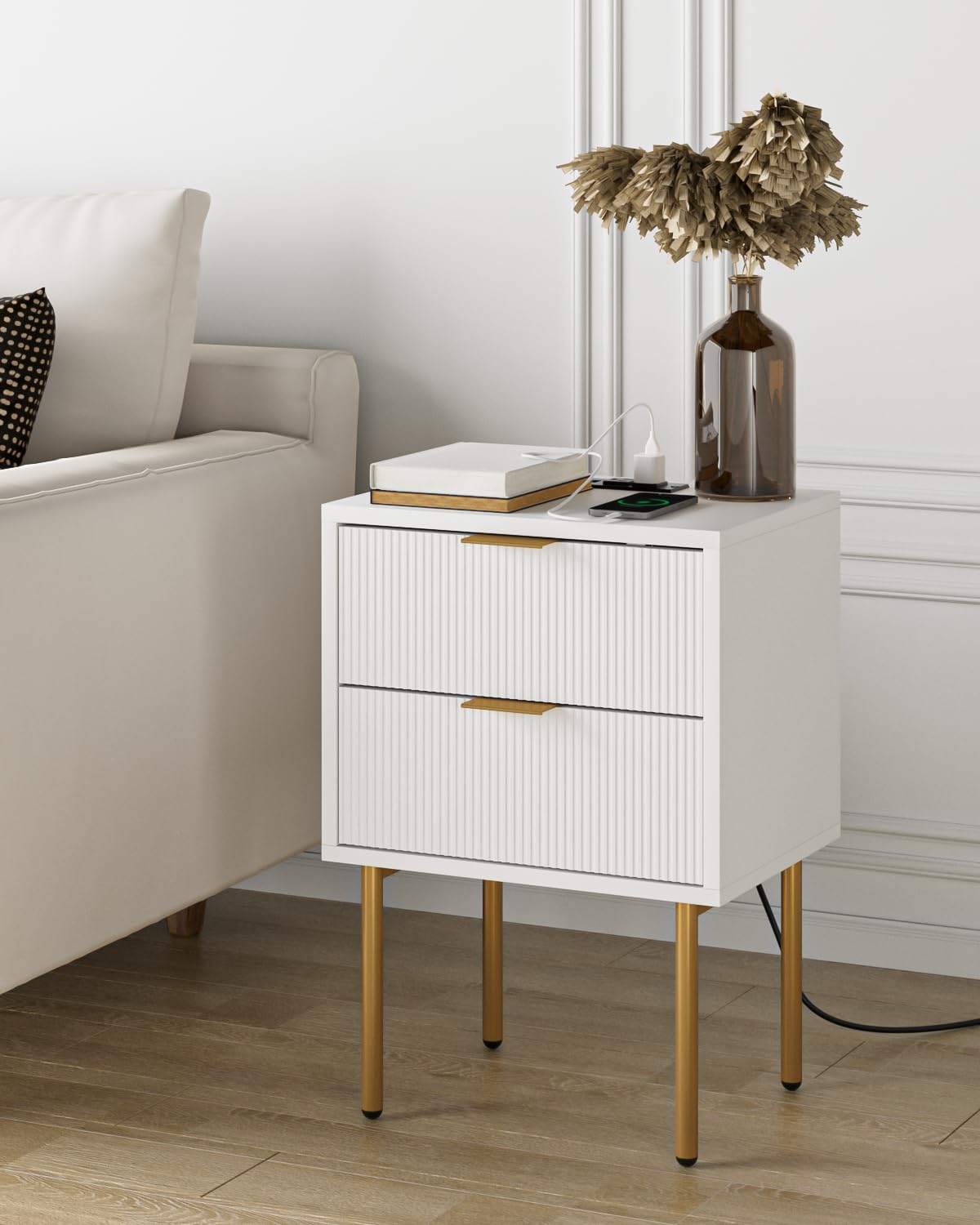 Nightstand with Charging Station, Mid-Century Modern Bedside Table with 2 Storage