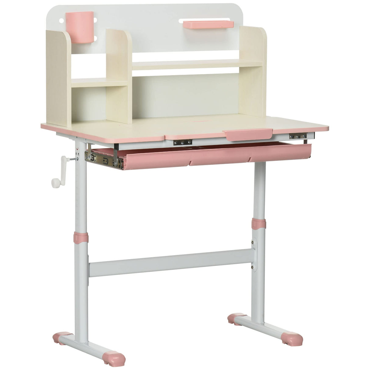 Kids Study Desk, Height Adjustable Children School Study Table, Student Writing Desk with Tilt Desktop, Drawer, Storage Shelf, Pen Holder, Pink