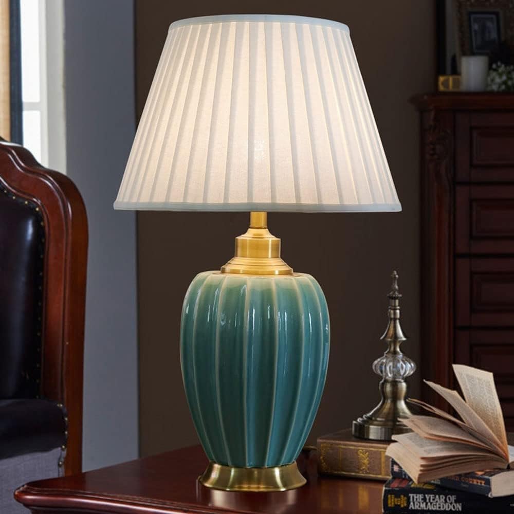 Chinese Style Cracked Ceramic Table Lamp Pleated Fabric Drum Shade Decor Desk Light