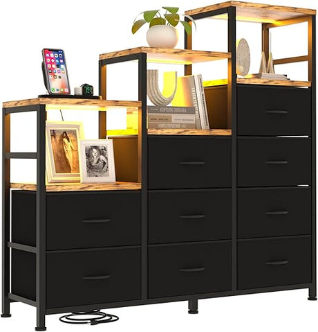 Black Dresser for Bedroom with LED Lights, 9 Drawers Dresser, Long Dresser